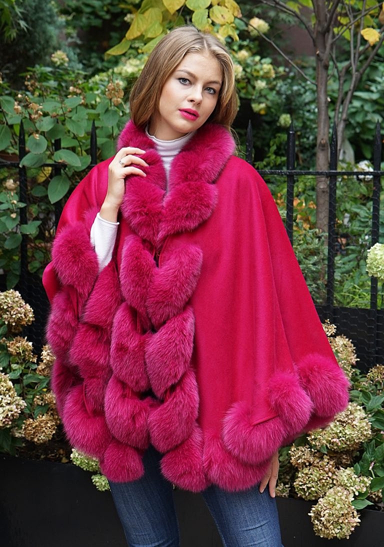 Cashmere cape fox fur trim