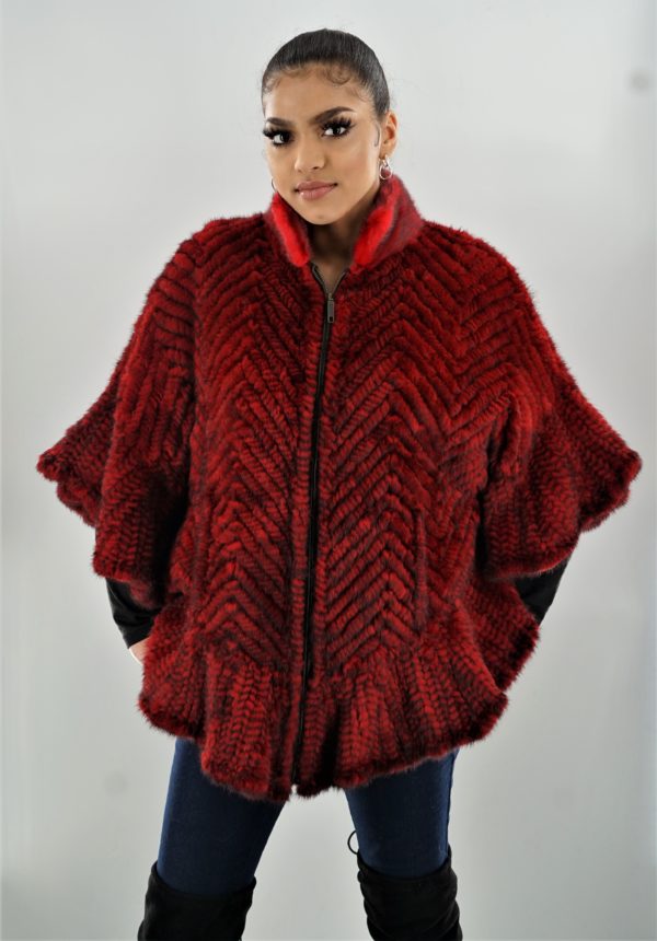 Red Knit Mink Poncho