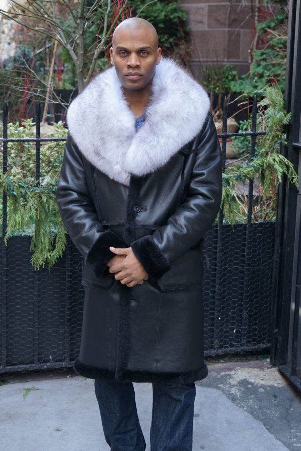 Men's Black Shearling Coat Blue Fox Collar