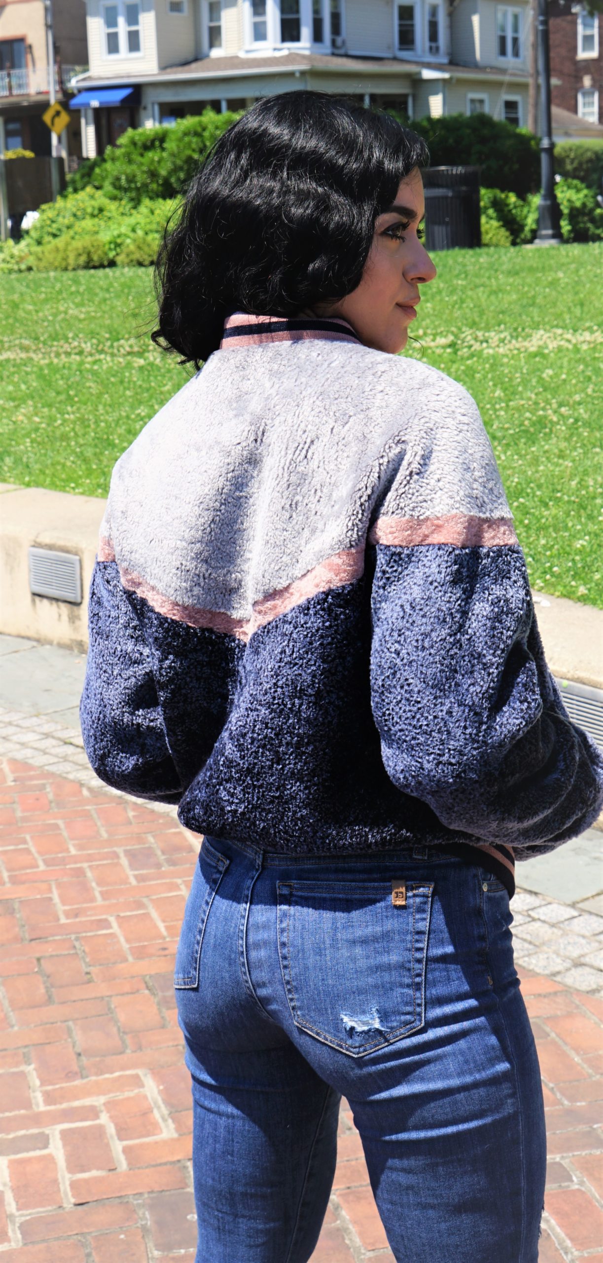 Gray Blue Pink Varsity Shearling Jacket