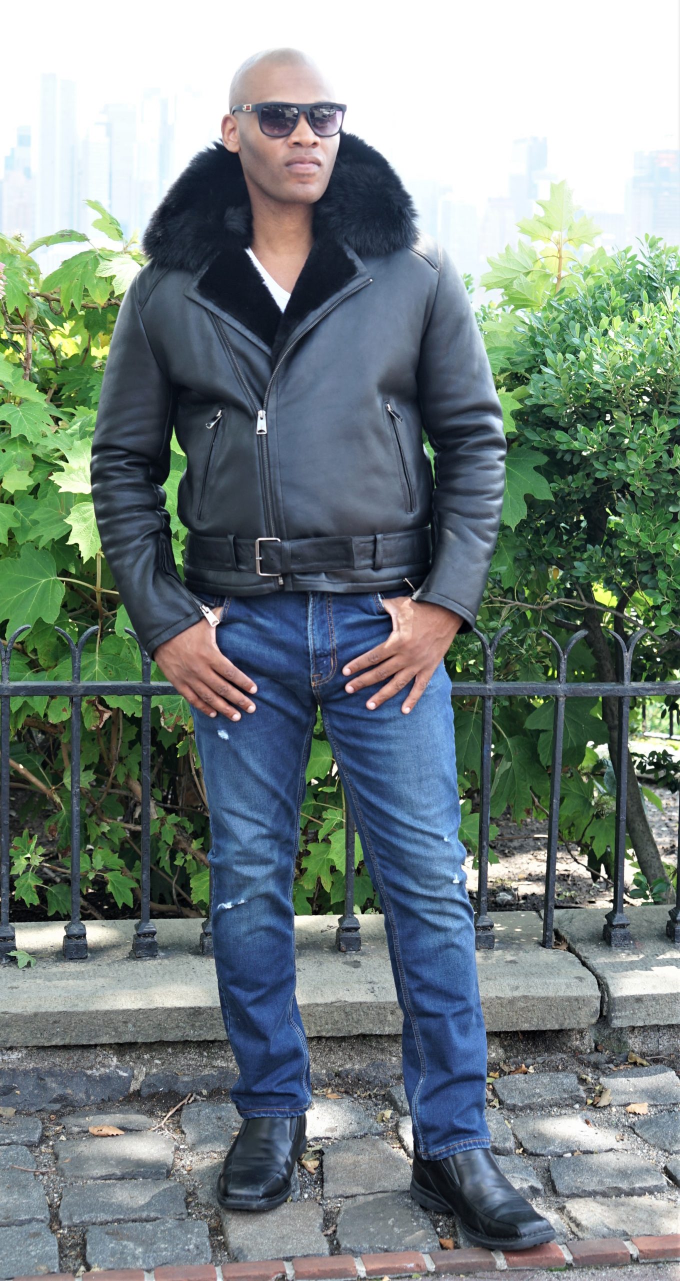 Men's Black Shearling Fur Jacket Black Fox Collar