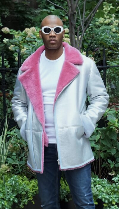 Silver Pink Light Blue Men's Shearling Jacket