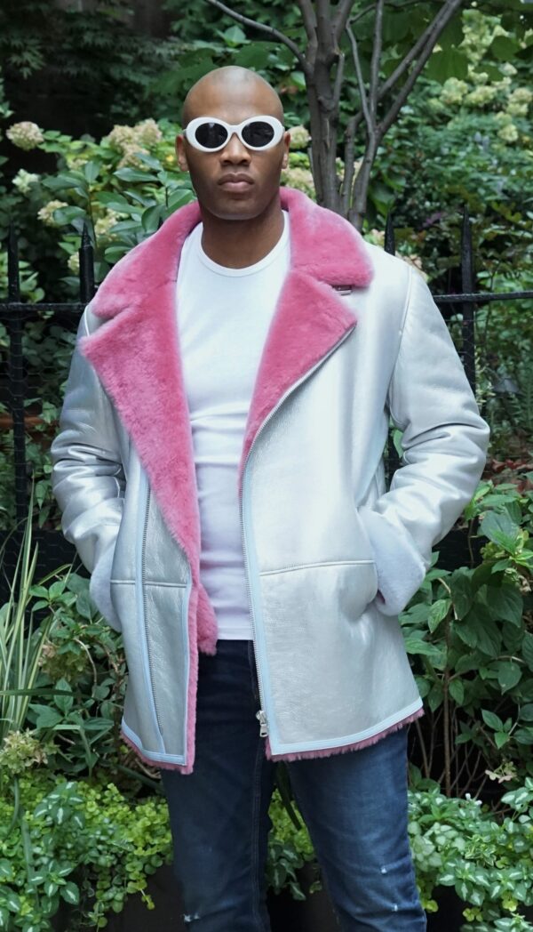 Silver Pink Light Blue Mens Shearling Jacket