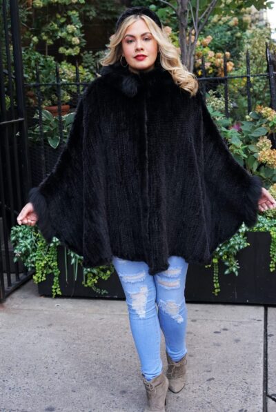 Black Knit Mink Poncho Fox Trim