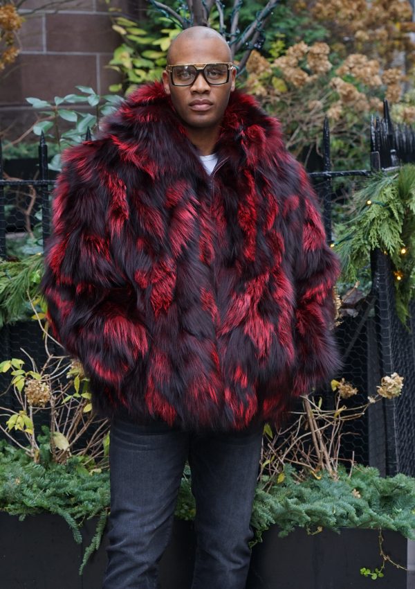 Burgundy Black Men's Fox Fur Jacket Hooded