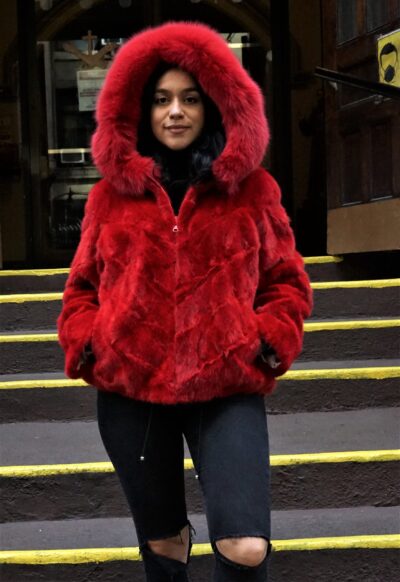 Red Mink Bomber Jacket Hood Fox Trim