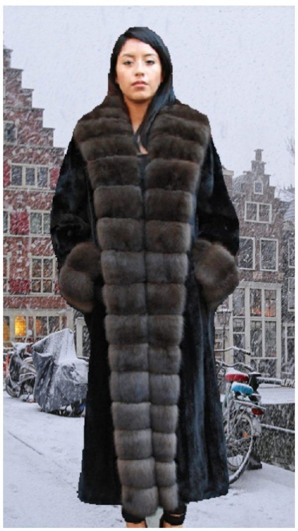 Woman wearing long tuxedo coat