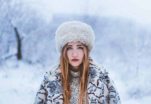A white fur hat in winter
