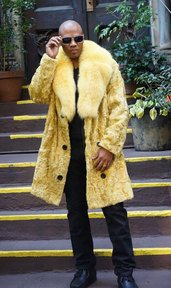 Men's Yellow Persian Lamb Fur Coat Fox Collar