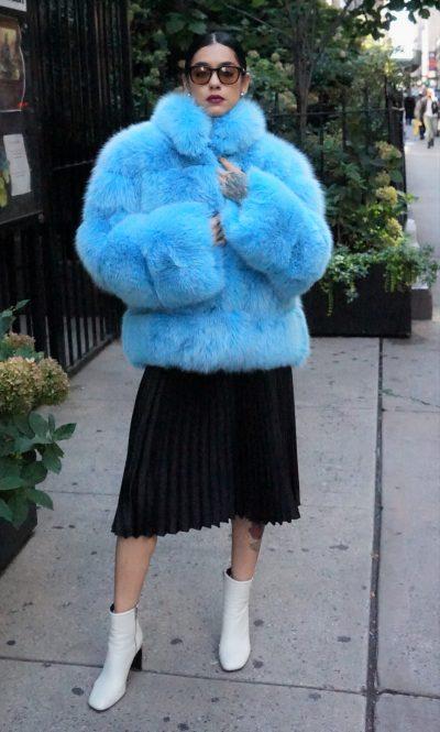 blue colored fur coat