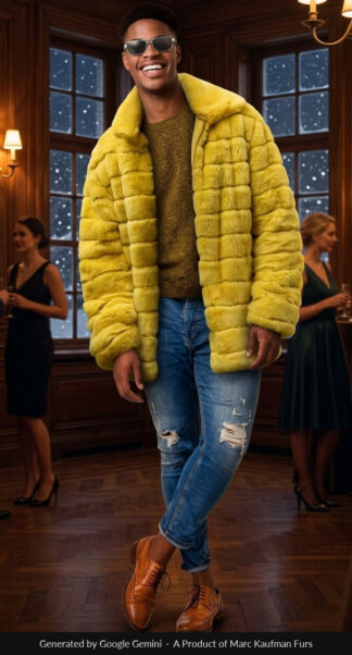 Men's yellow rex rabbit jacket with banded sheared fur and a deep spread collar