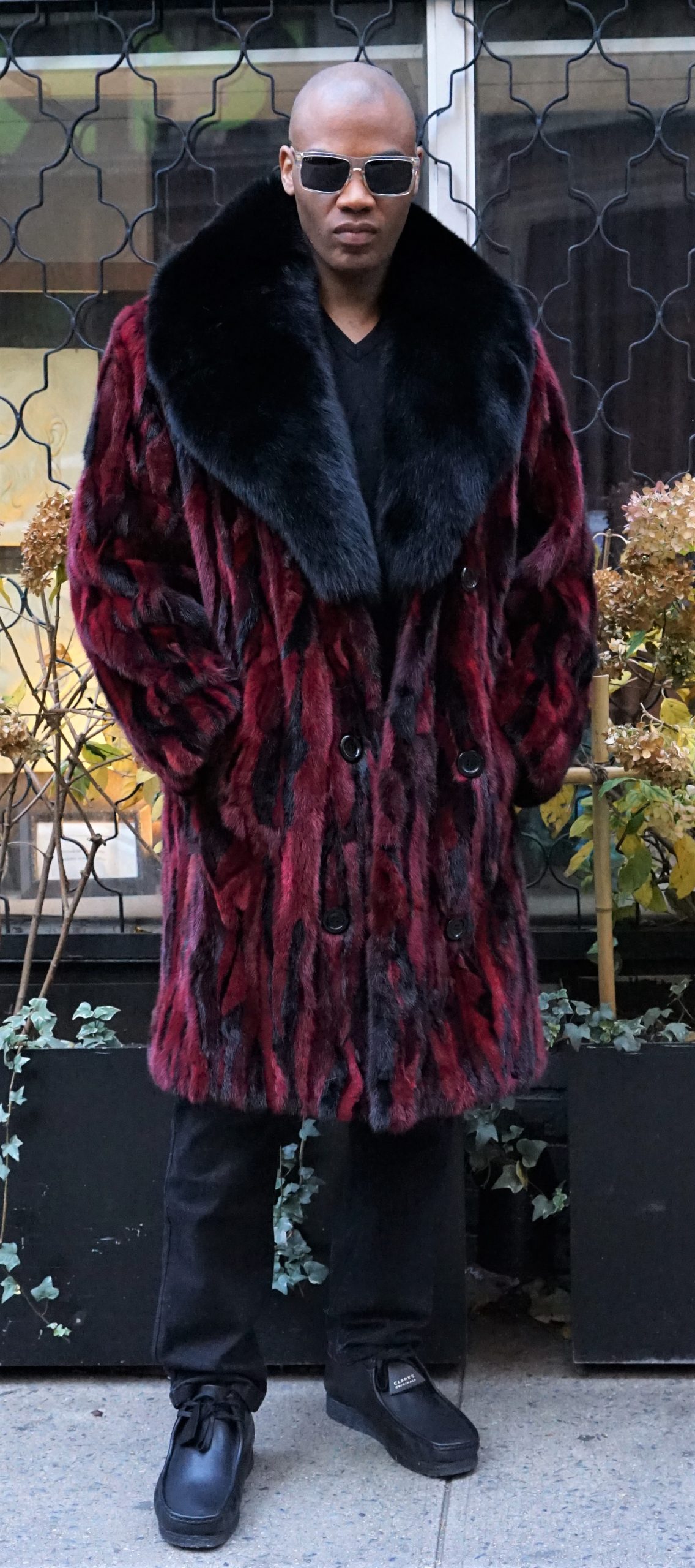 Men's Burgandy Red Mink Stroller Black Fox Collar