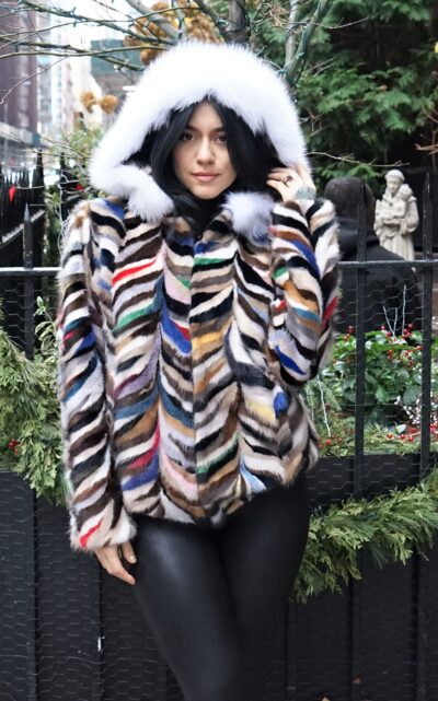 Multi Colored Mink Jacket Hood Fox Trim