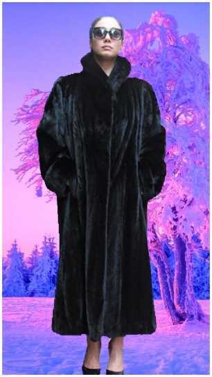 woman wearing a long black fur coat made from mink fur