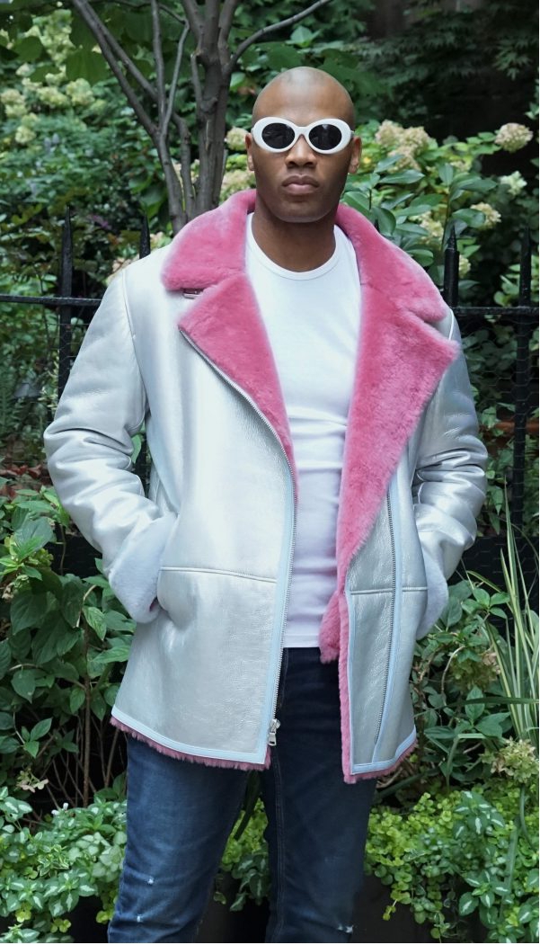 white shearling jacket with pink collar