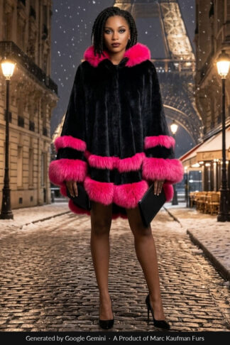 Black mink poncho with fuchsia fox trim on the hood and layered hem.