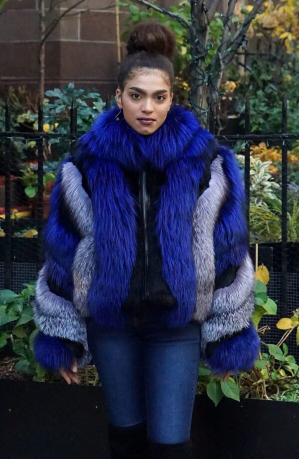 Royal Blue Fox Jacket Silver Fox Trim