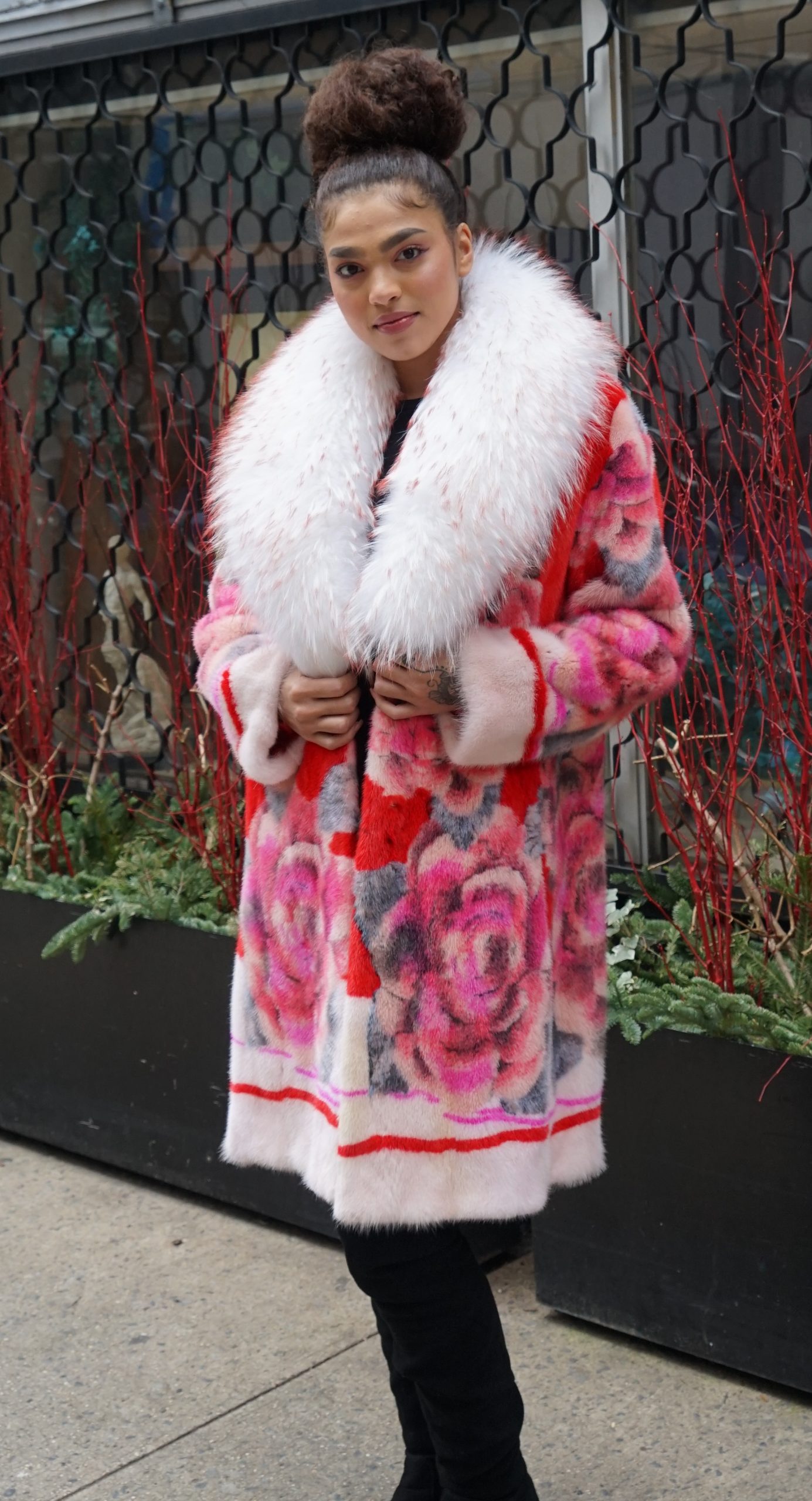 Red Pink Floral Mink Fluffy Red Tipped Fur Collar