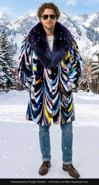 Men's multi colored mink stroller in blue, pink and yellow chevrons with a deep purple fox shawl collar