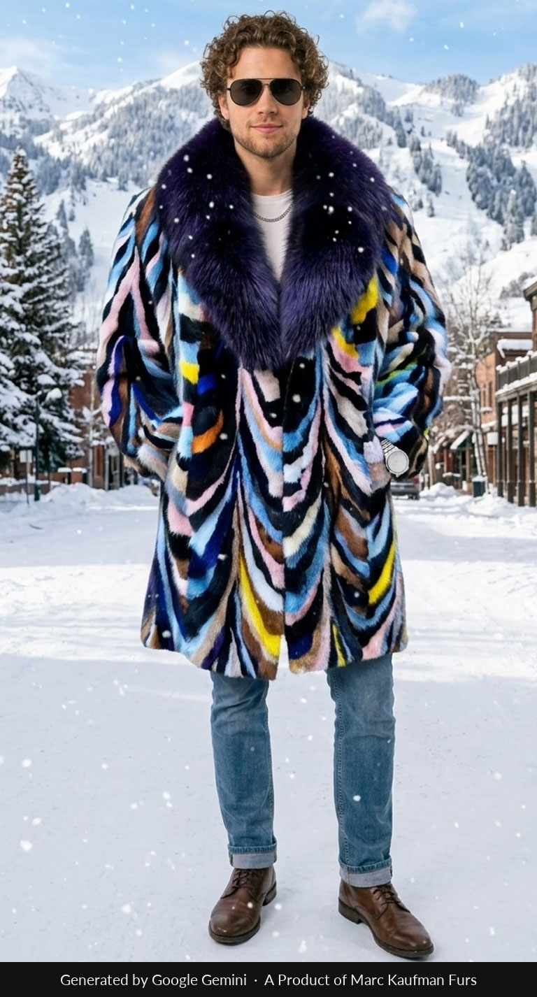 Men's multi colored mink stroller in blue, pink and yellow chevrons with a deep purple fox shawl collar