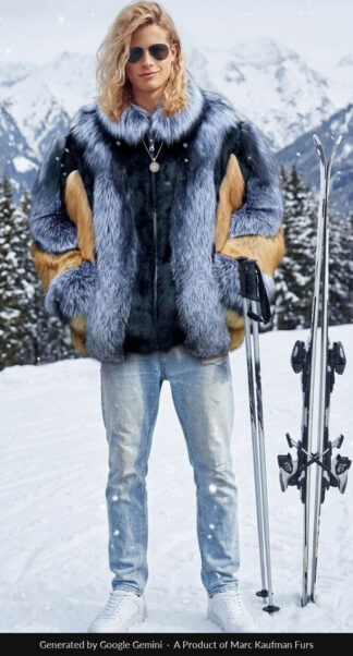 Men's red and silver fox jacket, undyed silver fox at the collar and front with rust-gold red fox at the sleeves