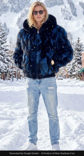 Men's royal blue and black fox hooded bomber jacket with a zip front and attached hood