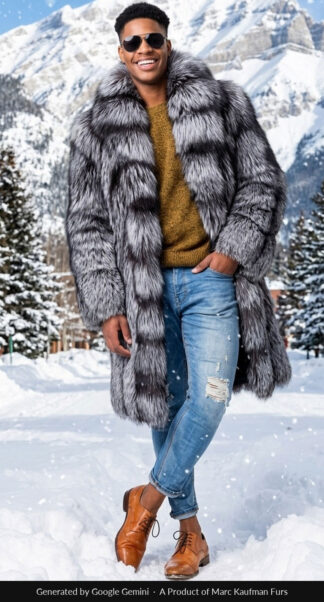 Men's silver fox stroller in natural black-and-silver fox with a deep shawl collar, worn open on a New York street