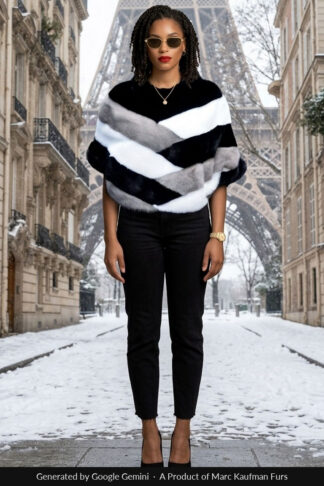 Multi colored mink pullover jacket with a collarless, short-sleeved design and diagonal chevron stripes.