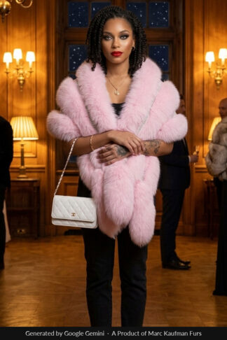 Pink fox boa with rhinestone inserts, worn wrapped over the shoulders.