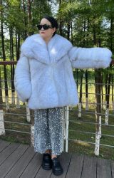 Pale Blue Fox Banded Jacket Stand Collar 75757