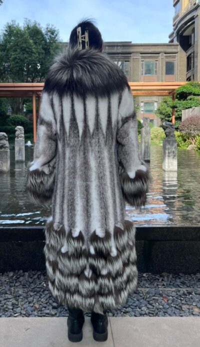 Full Length Black Cross Mink Coat Silver Fox Trim 33838