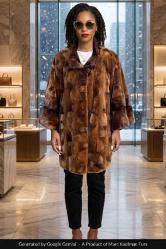 A cognac sheared mink cape with a turn-down collar and wide sleeves is worn open.