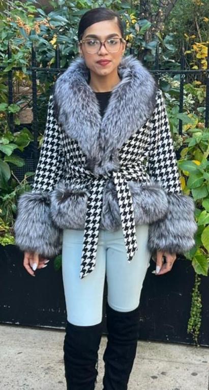 Checkered Wool Jacket Fox Collar