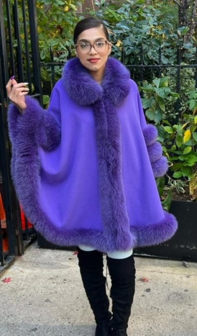 Purple Cashmere Wool Cape Purple Fox Trim