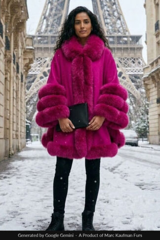 Fuchsia cashmere wool cape with fox fur trim dyed to the same shade at the collar, front edges, hem and cuffs