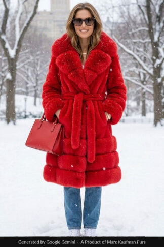 Red mink stroller with a red fox shawl collar and fox border at the hem