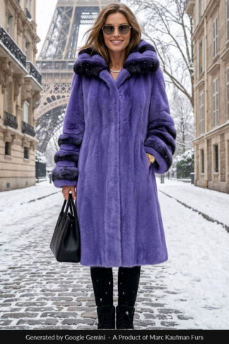 Purple mink swing coat with a chinchilla collar and banded chinchilla cuffs