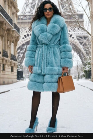 Turquoise blue mink coat with a large dyed fox shawl collar and fox cuffs, belted