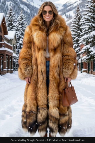 Full length red fox coat with the tails left on, hanging at the hem
