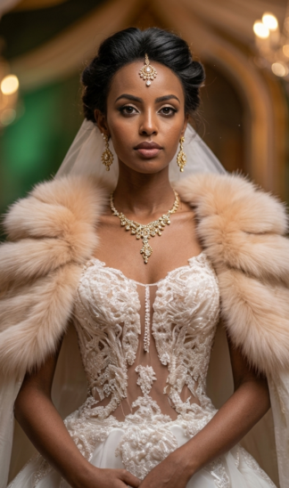 A beautiful bride of African and South Asian descent wearing an intricate white lace wedding dress, a light beige fur stole, and detailed gold and diamond jewelry (including a mang tikka), standing in an opulent hall with crystal chandeliers.
