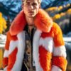 Orange and White Men's Fox Ski Jacket