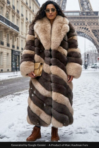 Full length two tone brown fox coat, chocolate and pale taupe in diagonal bands with a shawl collar