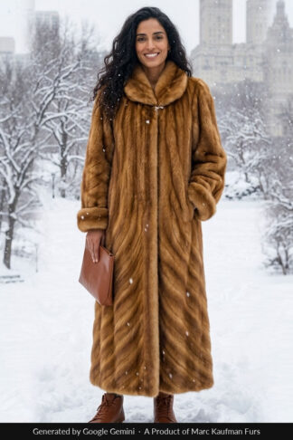 Full length whiskey mink coat, the fur running in vertical directional lines, with a shawl collar and deep turned-back cuffs