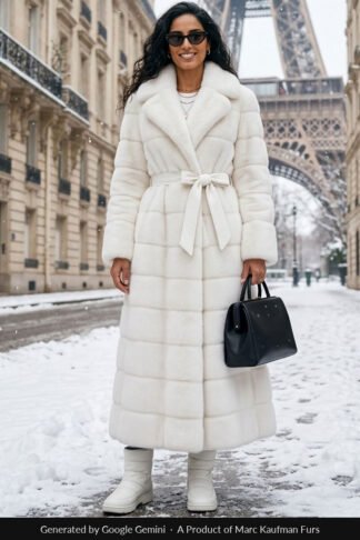 Full length white mink coat with a self-tie belt, deep shawl collar and horizontal worked bands to the ankle