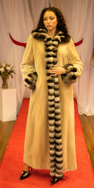 Camel Sheared Full Length Mink Coat with Chinchilla Trim 7788