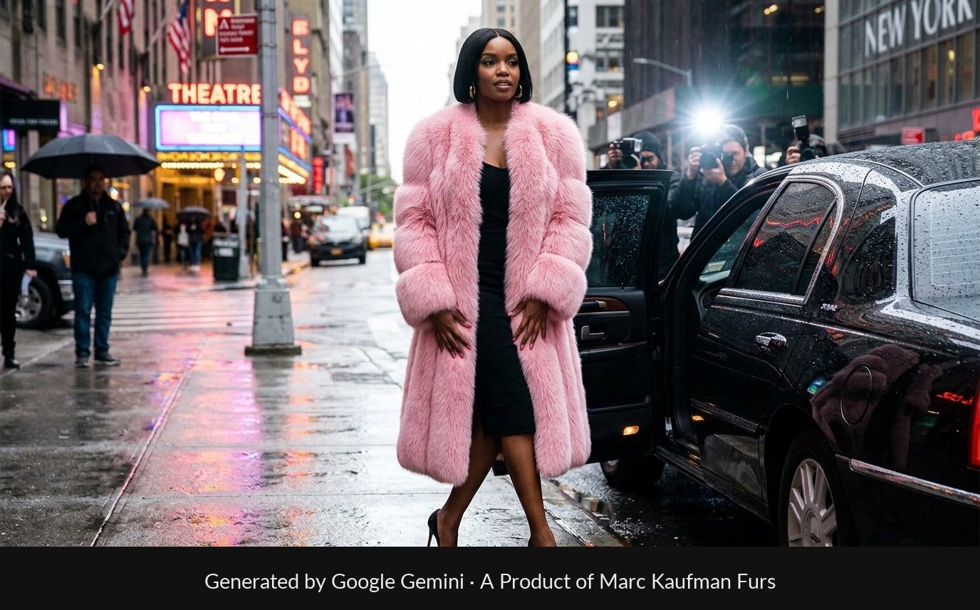 Woman in a full-length pink fox coat over a black dress stepping out of a black car on a rainy New York theatre street as photographers take her picture