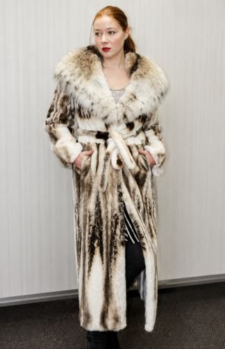 Full Length Sheared Mink Fur Coat Canadian Lynx Collar Hood 8862