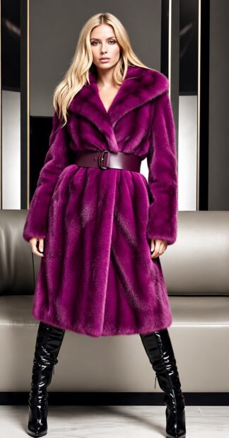 Full-length purple mink fur coat with wide collar and belt, luxury designer outerwear style 7336.