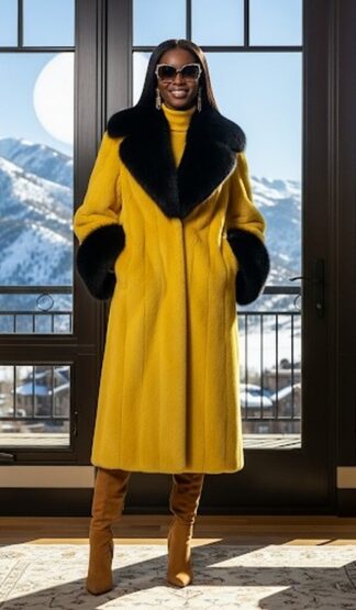 Yellow Mink Coat Black Fox Collar