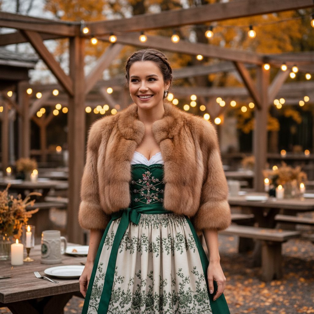 Oktoberfest Luxe: Modern dirndl + cropped Mink Bolero